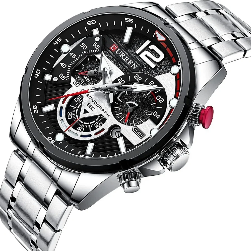 New Silver Chronograph Mens Sport Quartz Waterproof Luxury Stainless Steel Watch - Picture 13 of 13